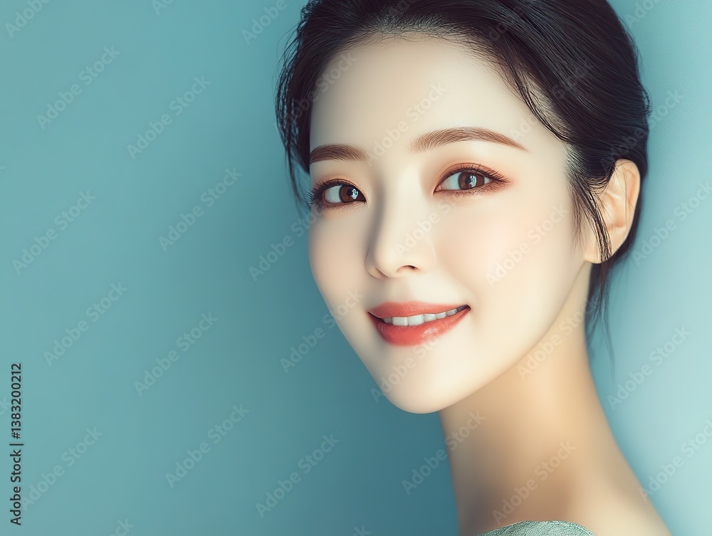 Fototapeta premium An Asian woman with black hair, round face, beautiful eyes, wearing a sleeveless top and bright lip makeup, poses for a head shot in front of a light background.
