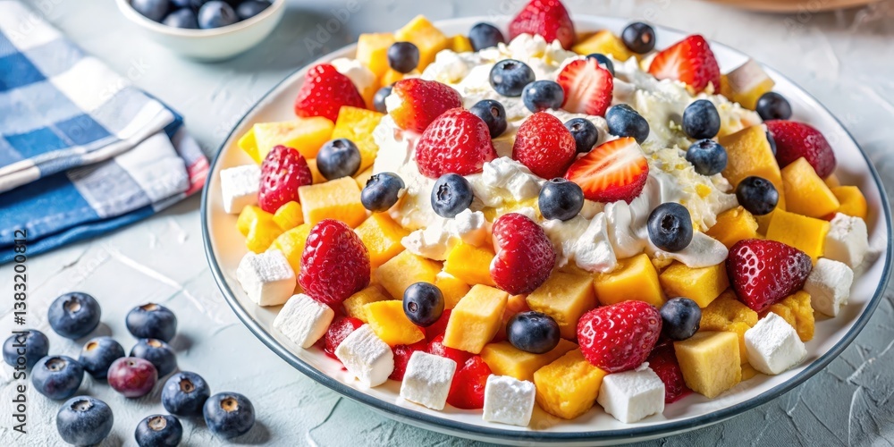 A delightful fruit salad with whipped cream, fresh berries, and diced mango, presented on a white plate, ready to be enjoyed. A delightful fruit salad with whipped cream, fresh berries, and diced mango, presented on a white plate, ready to be enjoyed.