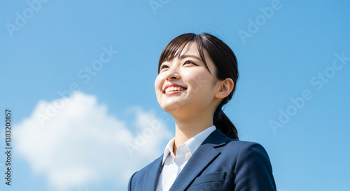 笑顔で空を見上げるスーツ姿の若い女性。新入社員、新生活、新社会人、ビジネスウーマン。