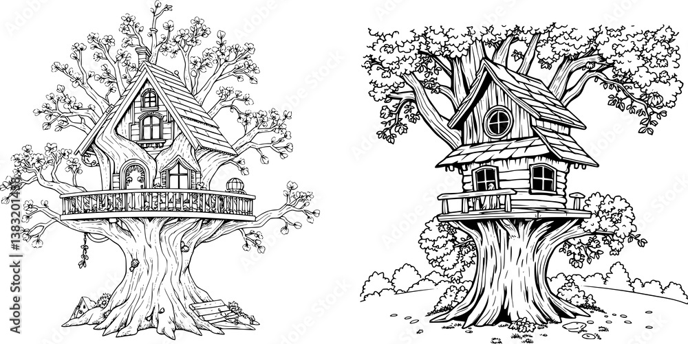 Fototapeta premium 2 Tree Shelter Coloring Pages | Clean Line Art, Black and White, Realistic Illustration