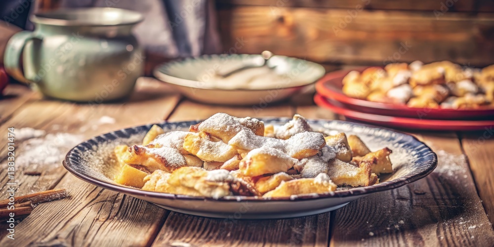 A plate of freshly baked sweet dough dusted with powdered sugar on a rustic wooden table A plate of freshly baked sweet dough dusted with powdered sugar on a rustic wooden table