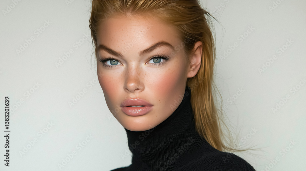 Naklejka premium Portrait of young woman with blue eyes and fair skin wearing dark turtleneck sweater