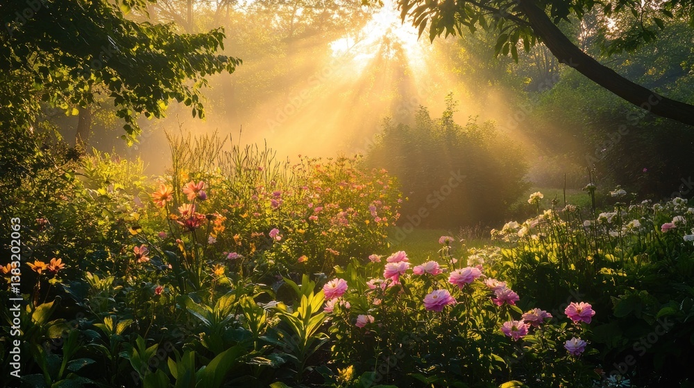 Serene Garden Landscape with Sunlight Breaking Through Mist and Vibrant Blooming Flowers