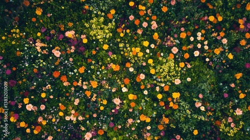 Vibrant Aerial View of a Colorful Flower Field Filled with Various Blooms in Natural Light