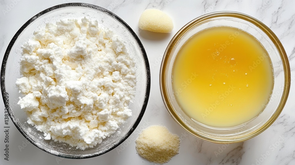 Overhead shot showcasing ricotta cheese in a glass bowl alongside gelatin and lemon juice in a bowl on marble Overhead shot showcasing ricotta cheese in a glass bowl alongside gelatin and lemon juice in a bowl on marble