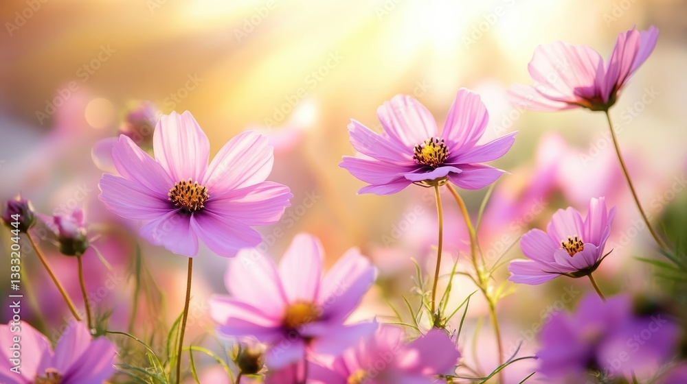 Beautiful Pink Cosmos Flowers Blooming in Soft Light with Gentle Background, Nature's Vibrant Spring Colors Beautiful Pink Cosmos Flowers Blooming in Soft Light with Gentle Background, Nature's Vibrant Spring Colors