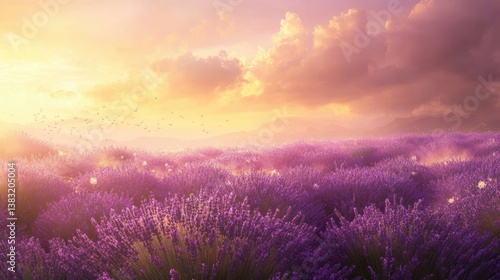 Serene Lavender Fields Under a Colorful Sunset with Soft Clouds and Gentle Light