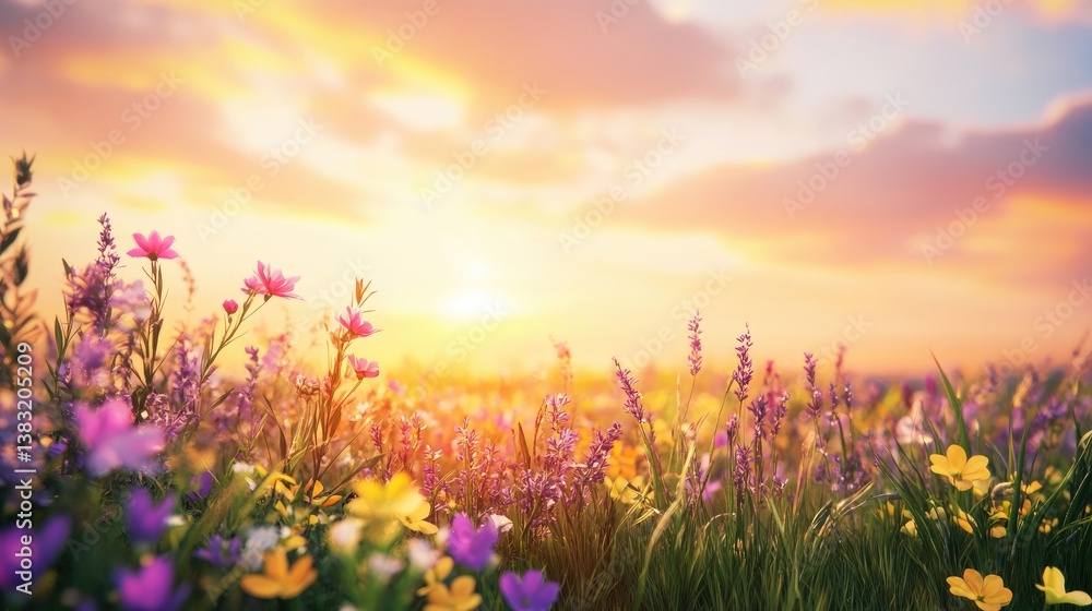 Fototapeta premium Vibrant Wildflowers in Bloom Under a Golden Sunset with Soft Clouds in a Beautiful Landscape