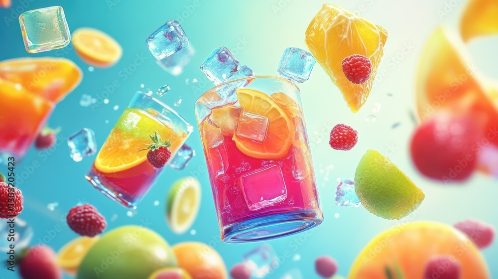 Fresh fruit drinks in vibrant glasses showcasing citrus, berry, and exotic tropical flavors with ice cubes floating inside. Fresh fruit drinks in vibrant glasses showcasing citrus, berry, and exotic tropical flavors with ice cubes floating inside.