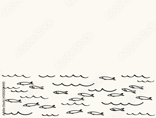 Background with small fishes for text. Banner border with sketches Sardines in water. Template with pichard seafood, marine motif. Vector backdrop illustration for print, packaging, logo, card, flyer