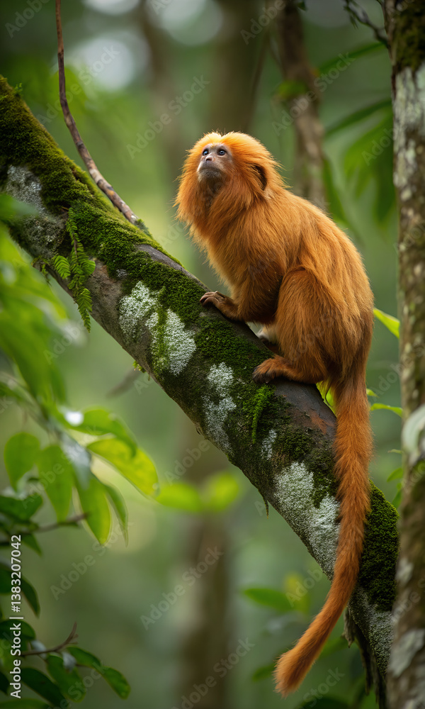 Obraz premium A golden lion tamarin sits on a moss-covered branch in the forest