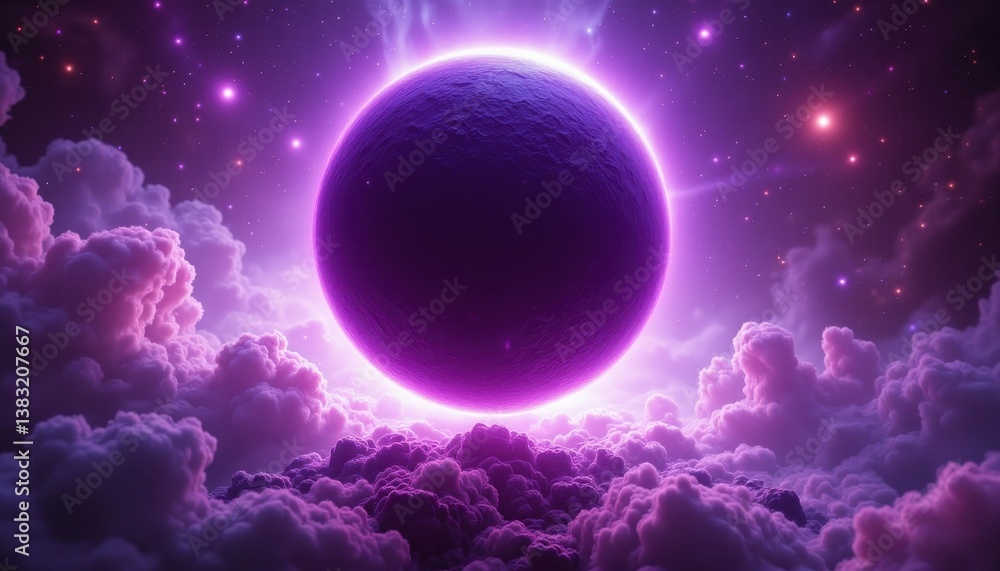 Fototapeta premium Purple Planet Ascending Above Cloudy Cosmos