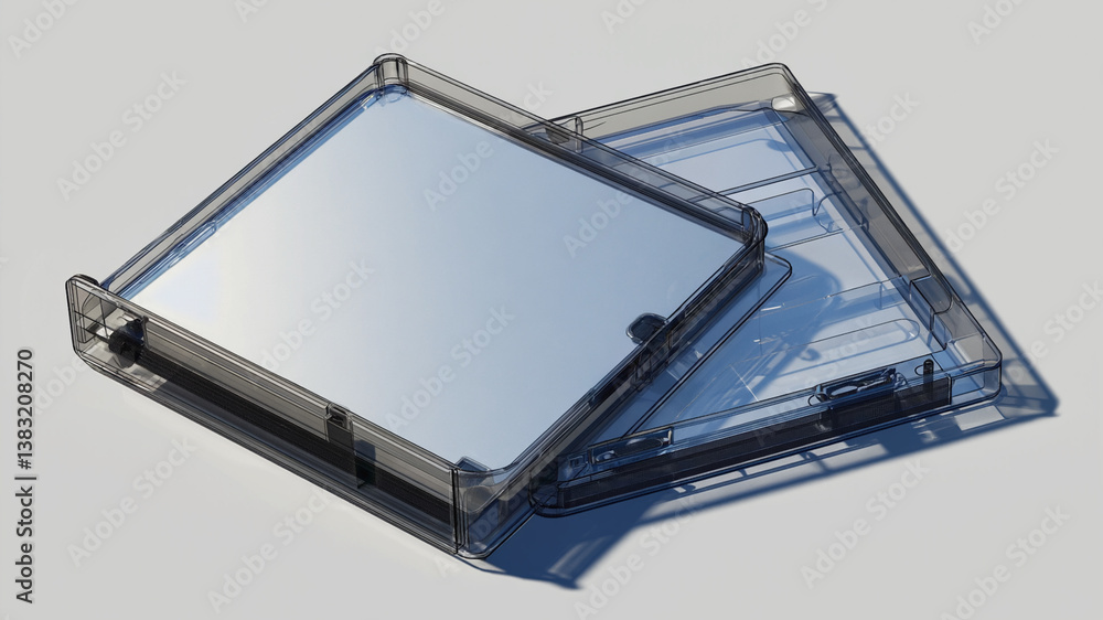 Semi-transparent box with a reflective top surface, resting on a pale gray background Semi-transparent box with a reflective top surface, resting on a pale gray background