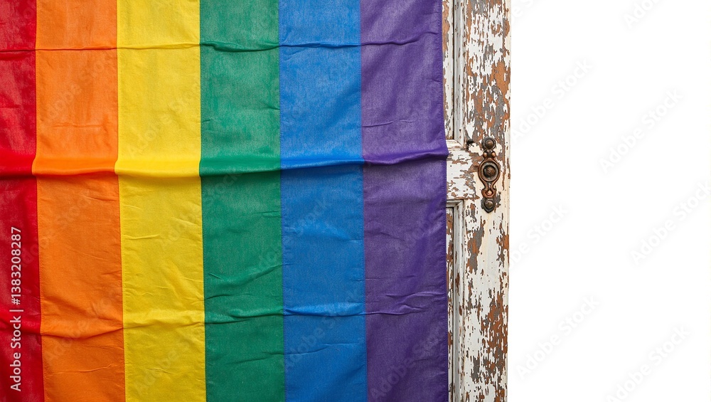 An artistic representation of a pride flag against a weathered door blending tradition with modernity in a colorful and textured composition An artistic representation of a pride flag against a weathered door blending tradition with modernity in a colorful and textured composition