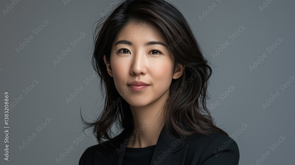 Fototapeta premium Portrait of poised and professional Asian woman with dark hair wearing blazer against neutral gray backdrop
