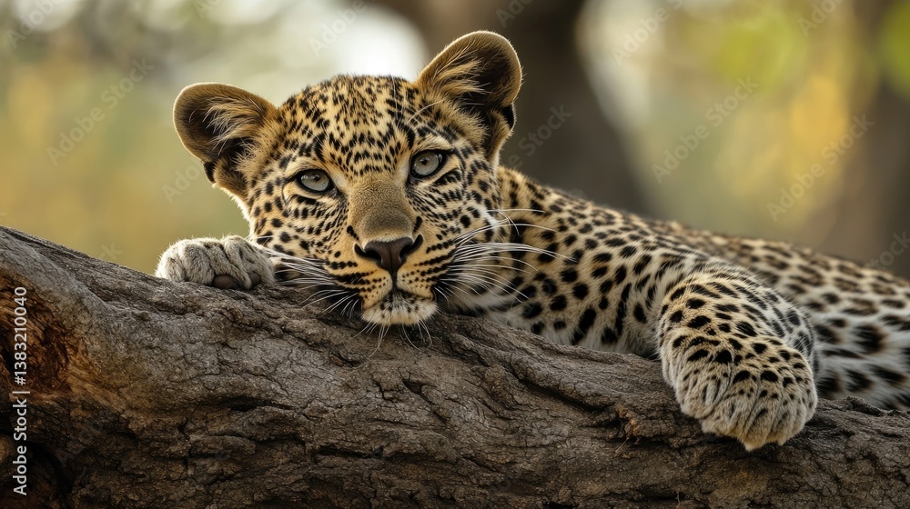 Young leopard resting on a dead tree Young leopard resting on a dead tree