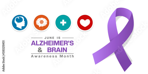 June is Alzheimers and Brain Awareness Month. Human, brain, plus icon, heart and ribbon. Great for posters, banners, social media and more. White background.