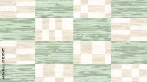 A checkered pattern features wood grain and green block designs