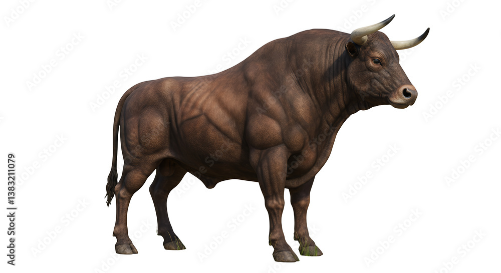 Realistic Brown Bull Standing Proudly on Grassland with Natural Detail Realistic Brown Bull Standing Proudly on Grassland with Natural Detail
