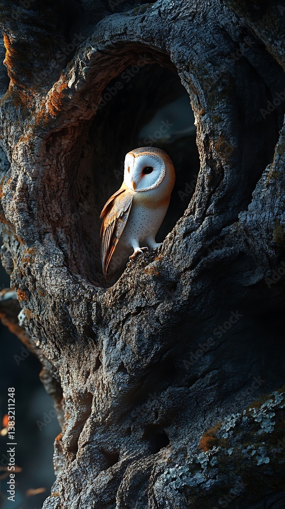 Obraz premium Barn Owl in Ancient Tree Hollow: A Serene Nocturnal Scene