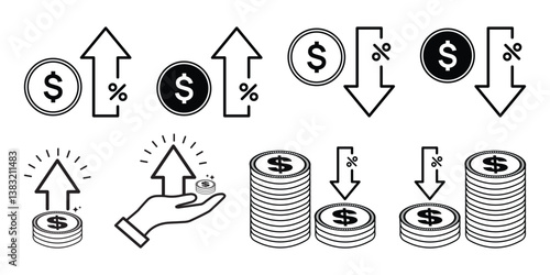 Growing bar icon set. Growing profit icon set. Arrow graphs and coin icons. Dollar symbol. Down or up arrow, rise, down symbol collection illustration.