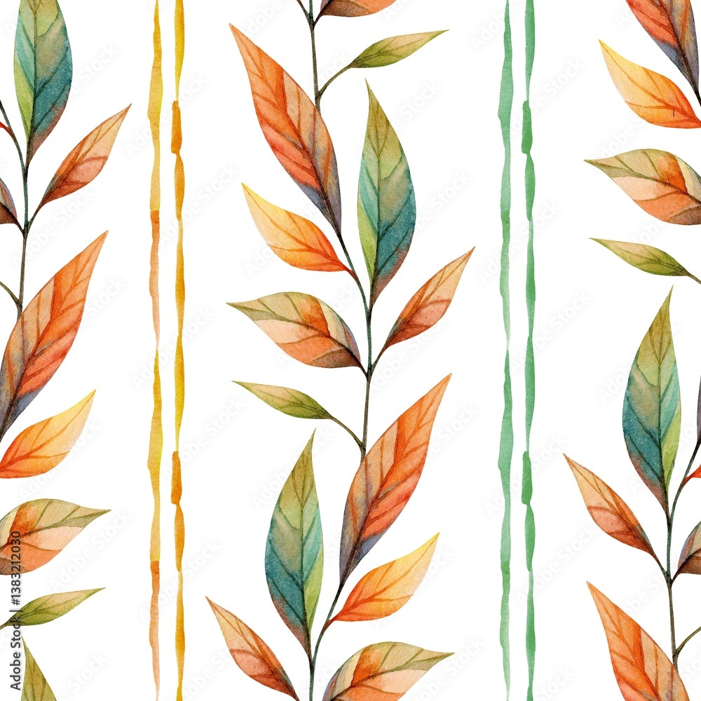 Colorful botanical illustration featuring leaves and vertical stripes on a white background Colorful botanical illustration featuring leaves and vertical stripes on a white background