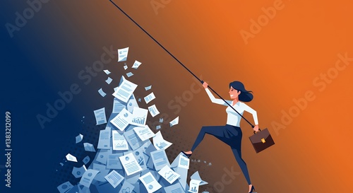 Determined businesswoman climbing a mountain of paperwork with briefcase while holding onto a rope depicting overcoming business challenges and corporate success