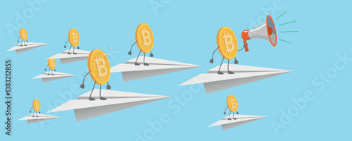 Bitcoin investment, profit, crypto wallet. Digital currency vector illustration, gold coins electronic cash