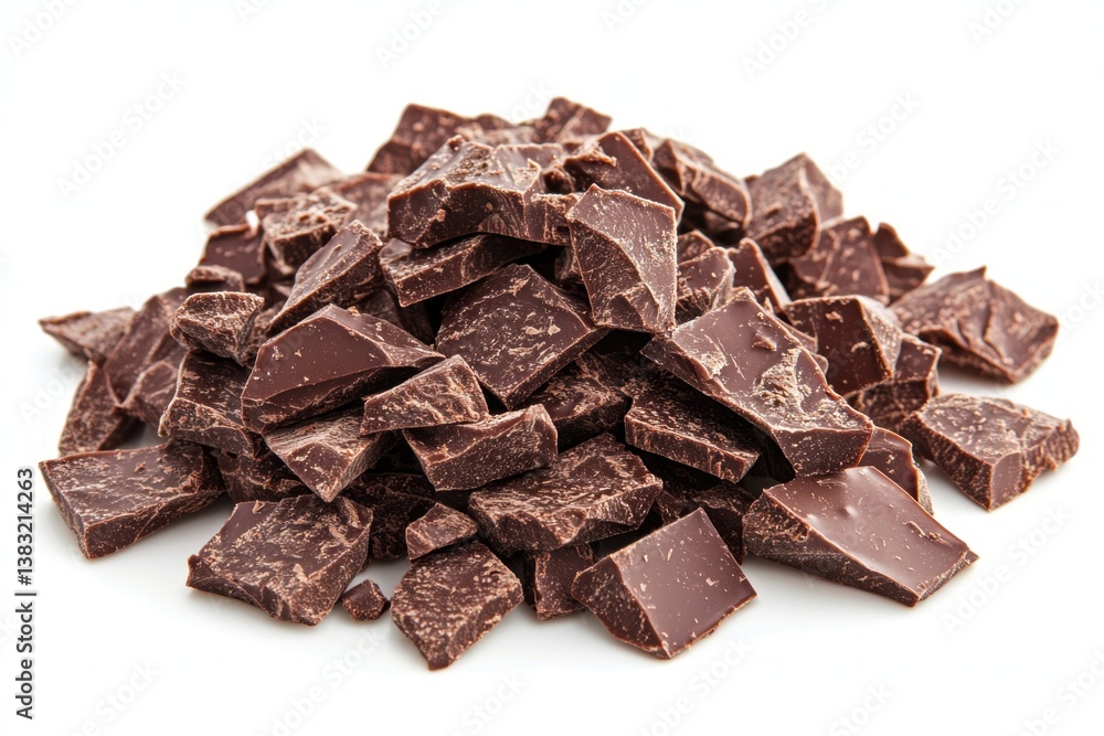 Delectable dark chocolate chunks piled high on a pristine white surface creating a tempting and irresistible treat for dessert Delectable dark chocolate chunks piled high on a pristine white surface creating a tempting and irresistible treat for dessert