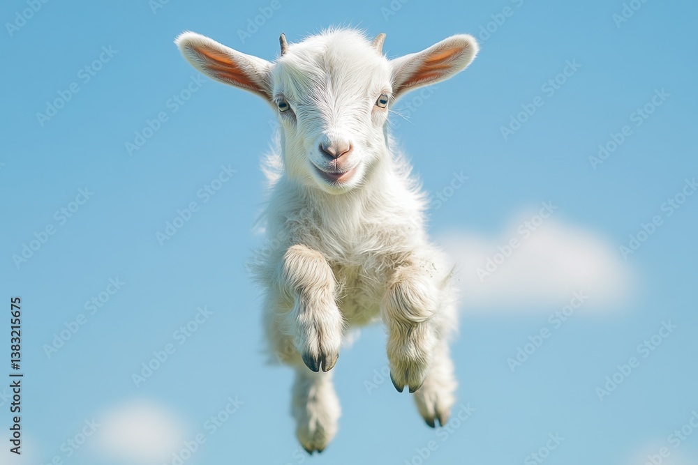 Obraz premium Adorable white baby goat leaps against a clear blue sky creating a whimsical and joyful scene of nature and innocence capturing the essence of rural charm and youthful energy