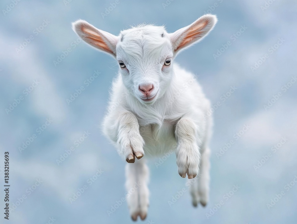 Fototapeta premium Adorable White Goat Kid Leaping with Joy Against a Soft Sky Background Capturing the Essence of Youthful Energy and Freedom in a Whimsical Style