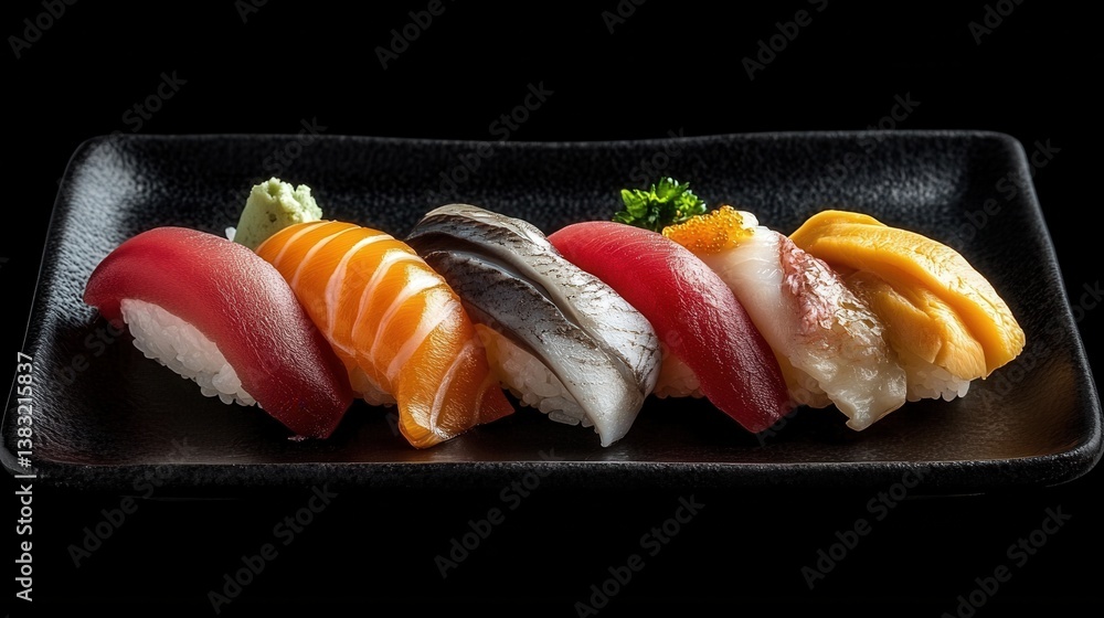 Exquisite nigiri sushi assortment on a black plate showcasing vibrant colors and textures against a dark background culinary delight Japanese cuisine Exquisite nigiri sushi assortment on a black plate showcasing vibrant colors and textures against a dark background culinary delight Japanese cuisine