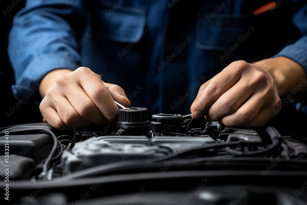 Mechanic repairs car engine in busy garage with hands focused on intricate details Mechanic repairs car engine in busy garage with hands focused on intricate details