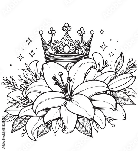 Coloring book lilies in full bloom, adorned with a detailed crown and sparkling with stars