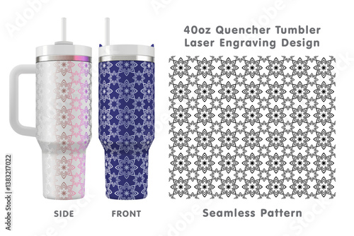 Seamless laser engraving design for 40oz tumbler. Abstract floral tileable pattern. Full tumbler wrap. Vector illustration.