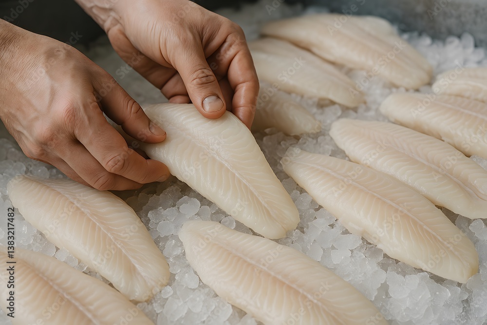 Fresh fish fillets on ice being handled by hands. Fresh fish fillets on ice being handled by hands.