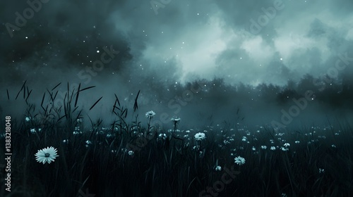 Fototapeta Naklejka Na Ścianę i Meble -  Misty meadow at night with wildflowers