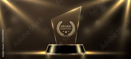 Award round podium with glass trophy with laurel wreath on dark background. Symbol of victory, achievement, success, rewarding of winner.