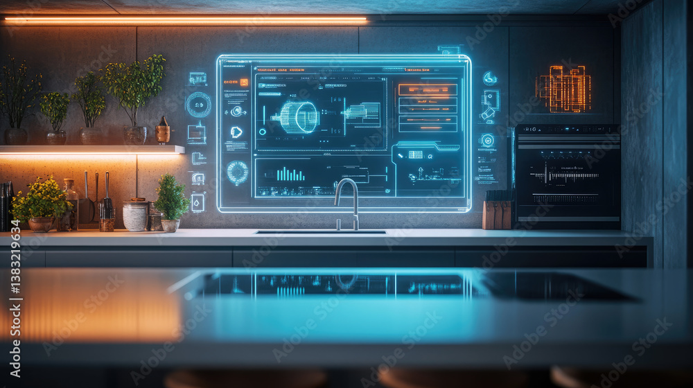 Obraz premium Futuristic smart kitchen with advanced holographic interface, touch screen controls, and high-tech design Concept of AI-driven home automation and modern technology.copy space.banner