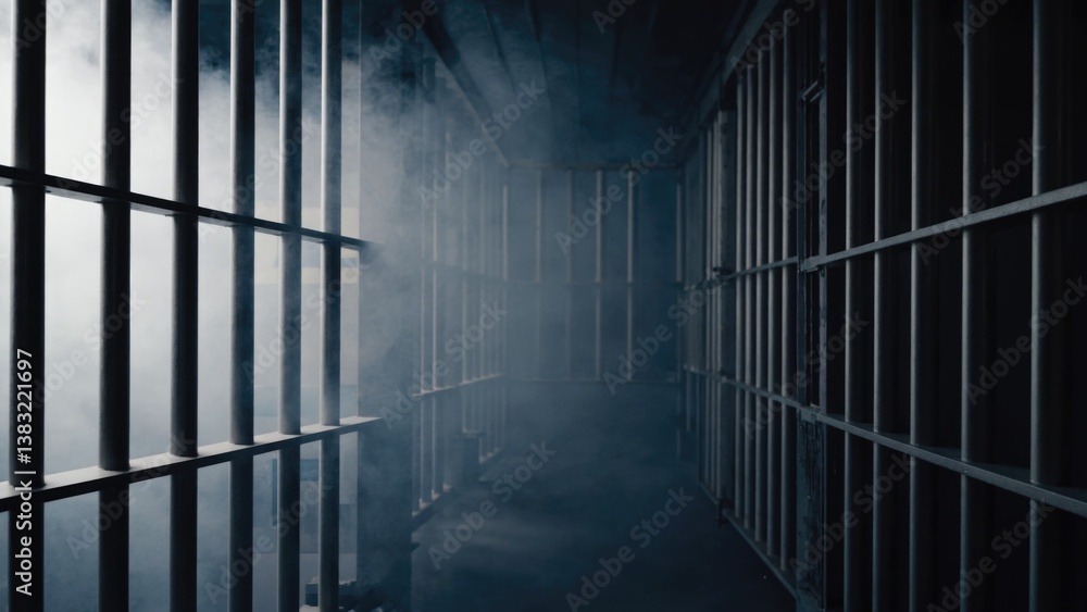 A dark and gloomy prison cell with smoke billowing out, evoking feelings of confinement and desperation