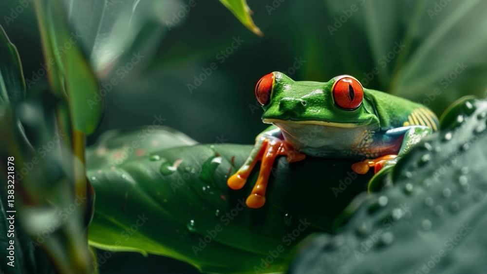 A video with a vivid image of a frog on a leaf, useful for educational projects about nature and wildlife.
A video with a vivid image of a frog on a leaf, useful for educational projects about nature and wildlife.