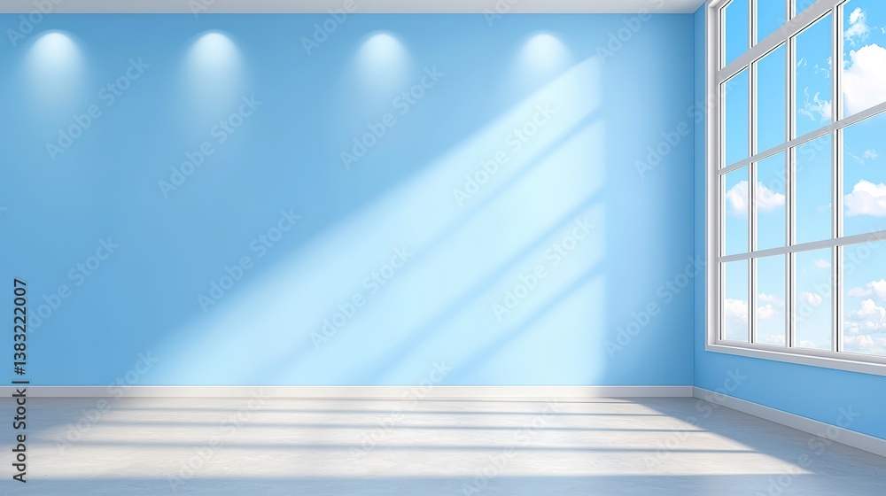 Obraz premium Bright Minimalist Interior Art Gallery Space with Sunlight Streaming through Large Windows and Blue Painted Walls Ideal for Creative Projects,Office interior backdrop for online meetings
