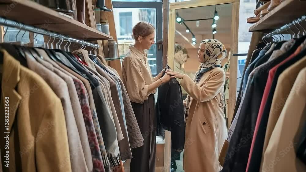Shop assistant helps a woman wearing hijab try on a coat in a stylish clothing boutique mirror view Shop assistant helps a woman wearing hijab try on a coat in a stylish clothing boutique mirror view