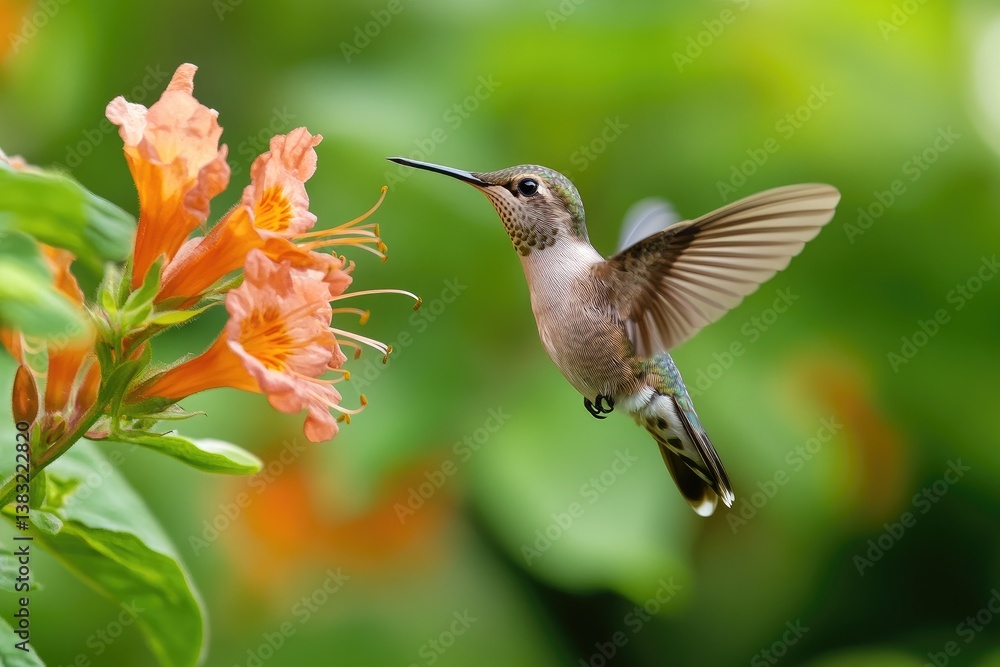 Fototapeta premium Hummingbird hovering near orange flower
