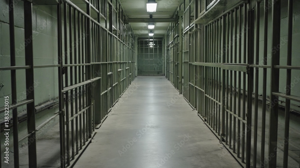 A long hallway inside a prison cell with gray walls and metal bars