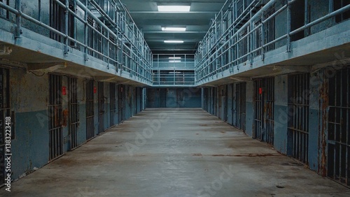 Prison cell block with bars and doors, a space for containment or rehabilitation