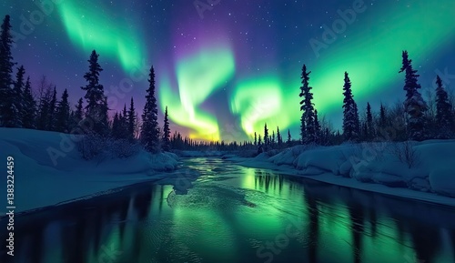 Majestic aurora borealis over a tranquil winter river.  Reflecting lights paint the ice-covered river.  Coniferous trees stand silhouetted against the vibrant display of the northern lights