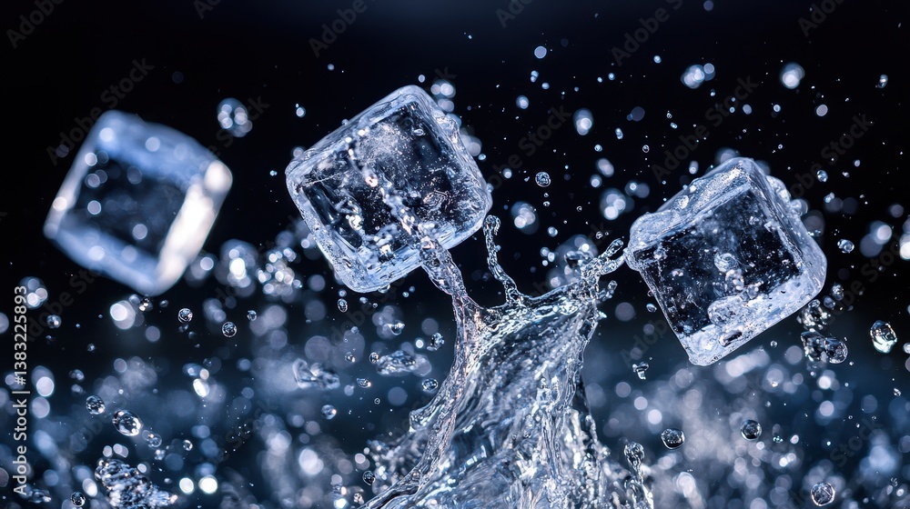 Ice cubes are falling into water, creating a splash and releasing bubbles against a dark background. Ice cubes are falling into water, creating a splash and releasing bubbles against a dark background.