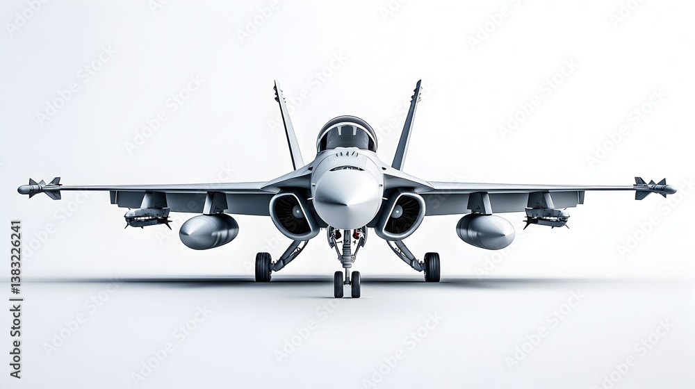 Fototapeta premium A sleek silver fighter jet, armed and ready for takeoff, sits on a bright white background, perfectly centered for impactful imagery.