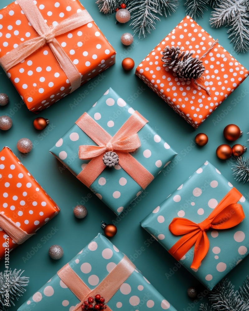 Obraz premium Festive holiday gifts with polka dot wrapping paper and ribbon bows on a teal background for christmas season